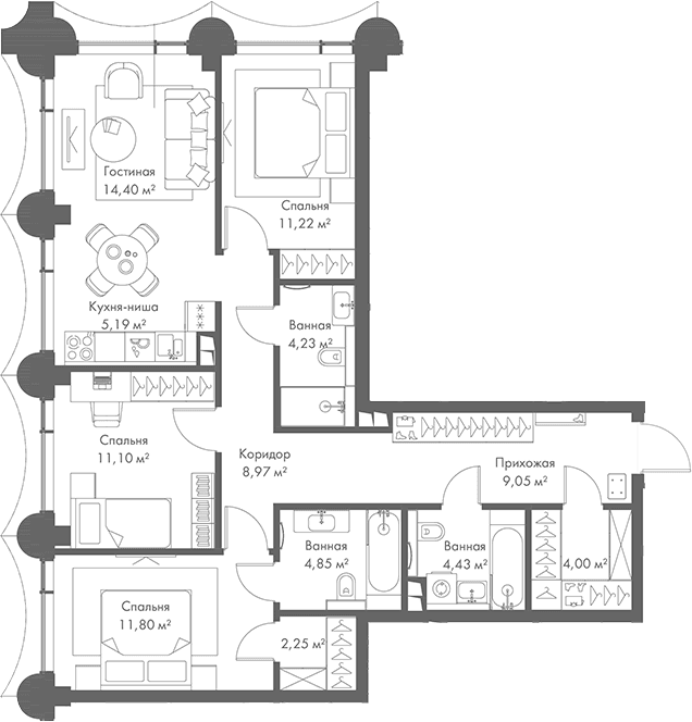 Планировка: Квартира евро-4 91,5 м² в ЖК «МИРА»