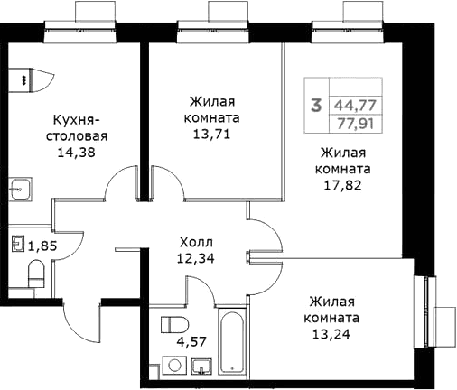 Планировка: 3-комнатная квартира 77,9 м² в ЖК «КИТ»