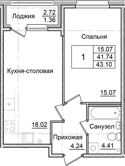 Планировка: 1-комнатная квартира 41,7 м² в ЖК «Квартал Заречье»