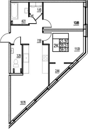 Планировка: Евротрёшка 59,5 м² в ЖК «ID Murino III»