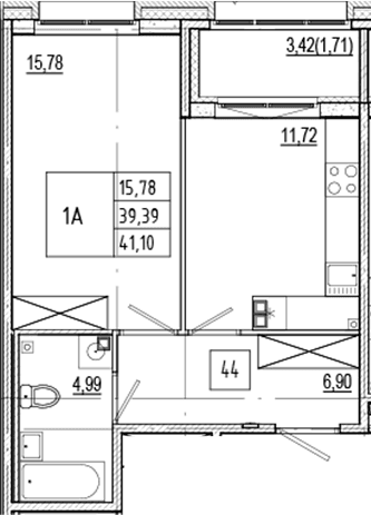 Планировка: 1-комнатная квартира 39,4 м² в ЖК «Ranta Residence»