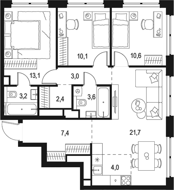 Планировка: Квартира евро-4 79,1 м² в ЖК «Левел Звенигородская»
