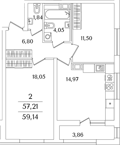 Планировка: 2-комнатная квартира 57,2 м² в ЖК «Лайнеръ»