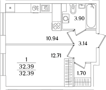Планировка: 1-комнатная квартира 32,4 м² в ЖК «Кинопарк»