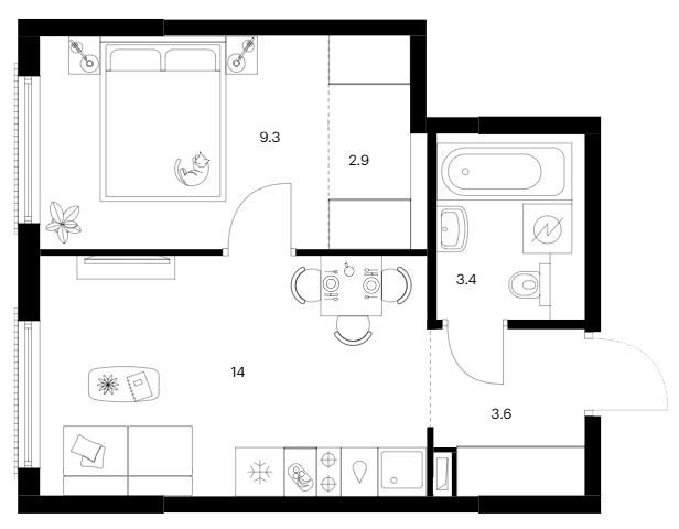 Планировка: 1-комнатная квартира 33,2 м² в ЖК «Москворечье»