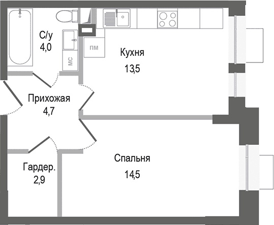 Планировка: 1-комнатная квартира 39,6 м² в ЖК «Киноквартал»