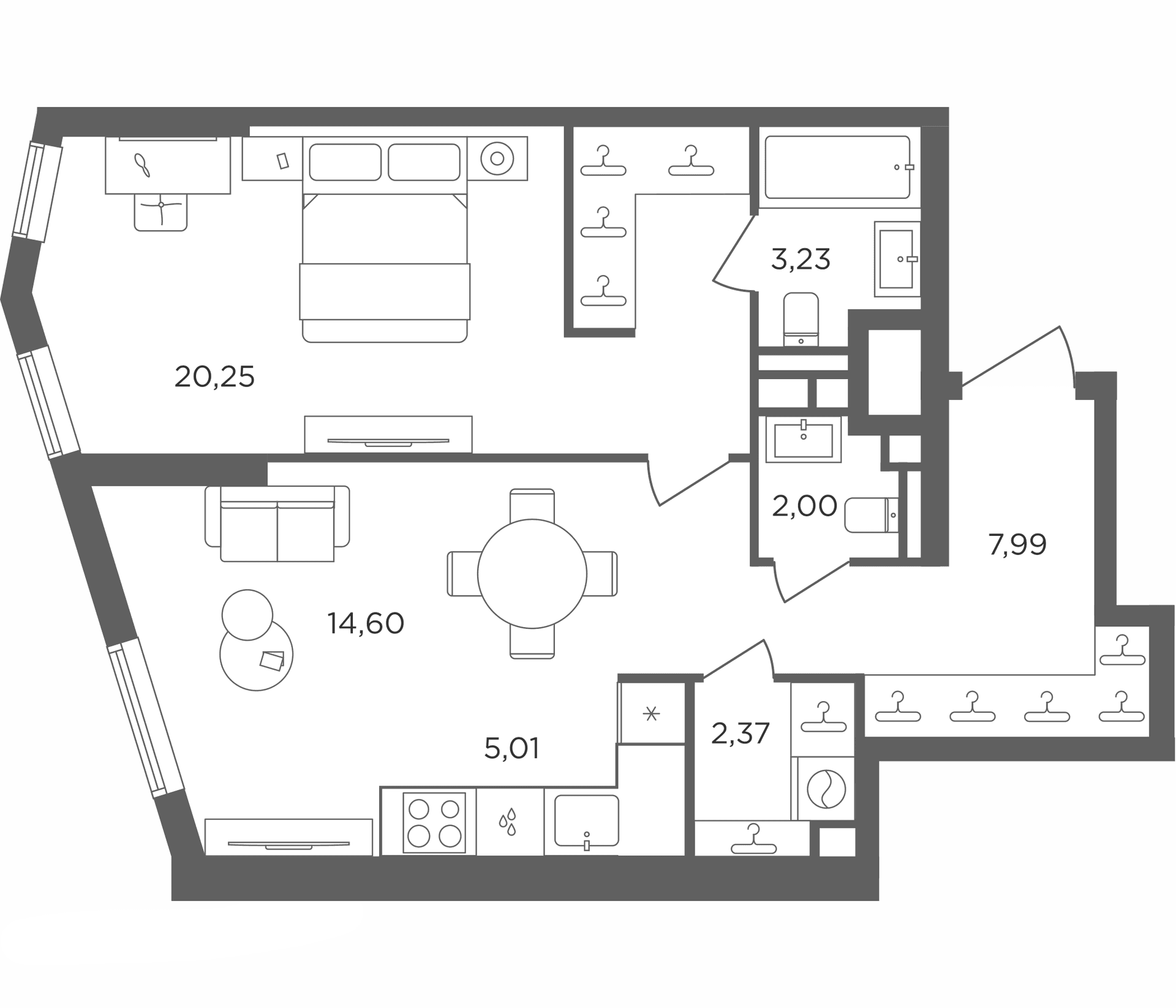 Планировка: Евродвушка 55,5 м² в ЖК «Сикрет Гарден»