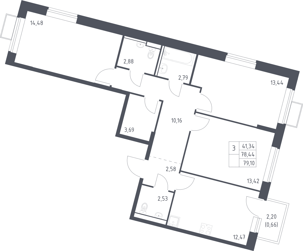 Планировка: 3-комнатная квартира 78,4 м² в ЖК «Молжаниново»