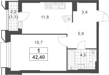Планировка: 1-комнатная квартира 41,3 м² в ЖК «Южные сады»