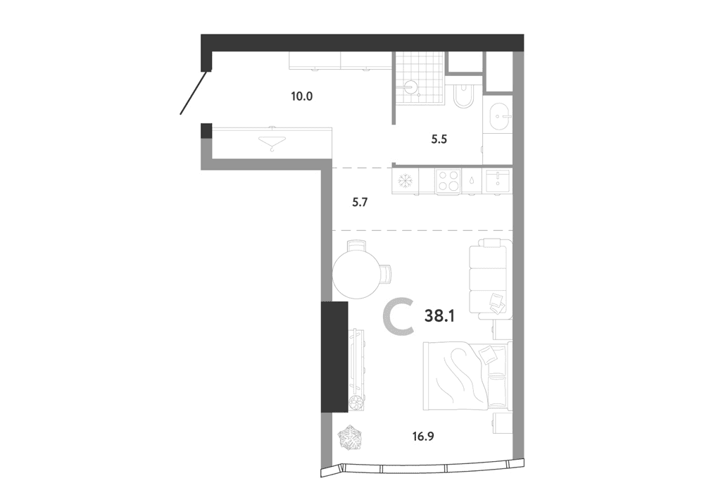 Планировка: Студия 38,1 м² в ЖК «АУРУС Резиденции»