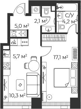 Планировка: Евродвушка 44,4 м² в ЖК «Веер»