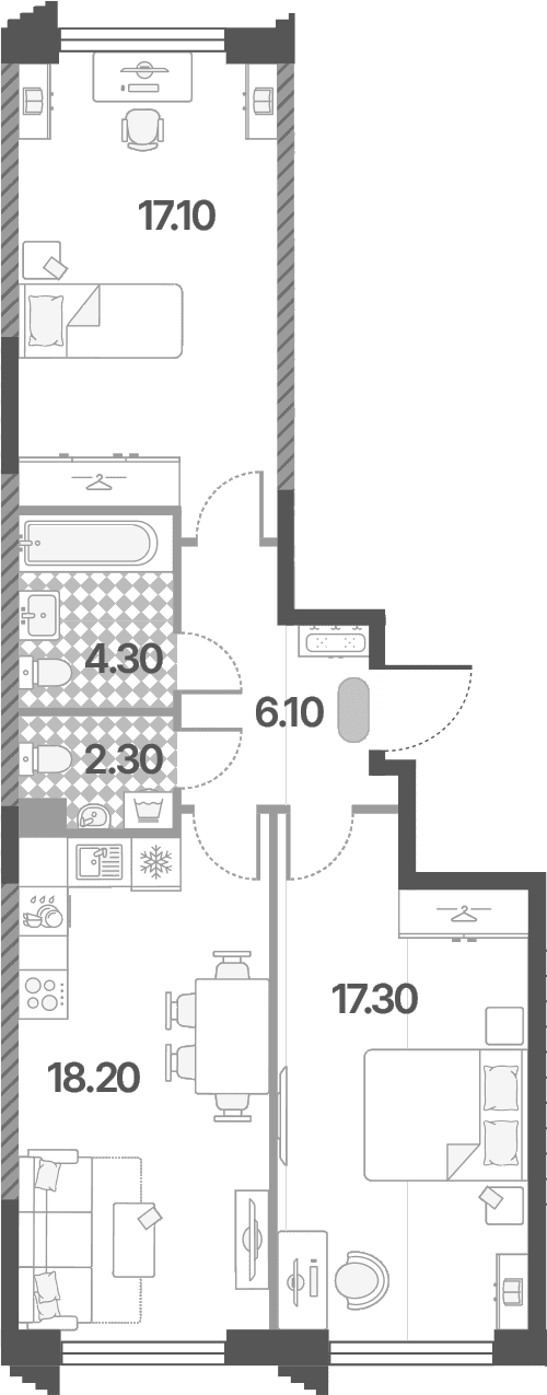 Планировка: Евротрёшка 65,3 м² в ЖК «Обручева 30»