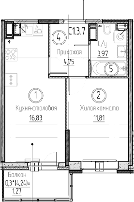 Планировка: Евродвушка 37,4 м² в ЖК «Аквилон Верба»