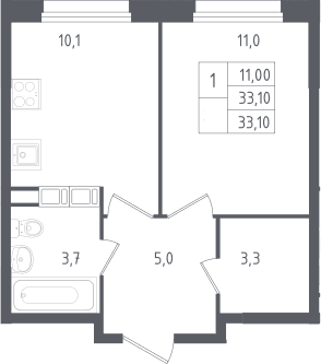 Планировка: 1-комнатная квартира 33,1 м² в ЖК «Ольховый квартал»