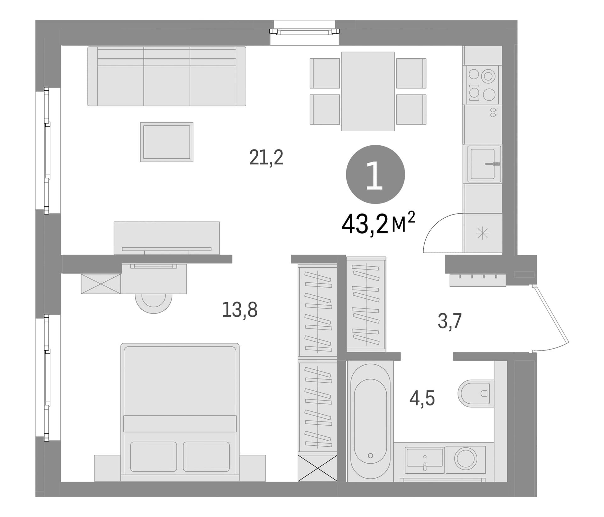 Планировка: Евродвушка 43,2 м² в ЖК «Брусника в Новоселье»