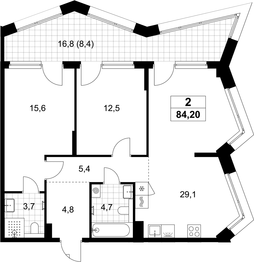 Планировка: Евротрёшка 75,8 м² в ЖК «Хольм»