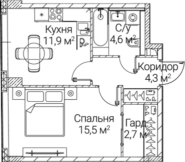 Планировка: 1-комнатная квартира 39 м² в ЖК «СЕЗАР БУДУЩЕЕ»