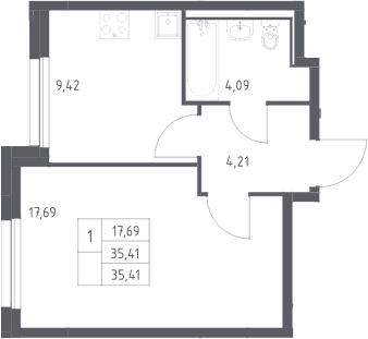 Планировка: 1-комнатная квартира 35,4 м² в ЖК «Прибрежный Парк»