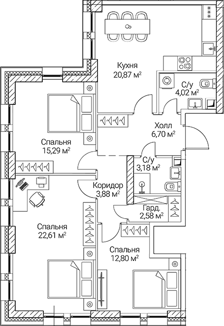 Планировка: Квартира евро-4 91,9 м² в ЖК «СЕЗАР СИТИ»