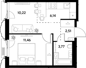 Планировка: Евродвушка 34,1 м² в ЖК «ЭВО»