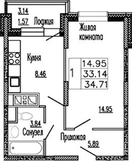 Планировка: 1-комнатная квартира 33,1 м² в ЖК «Клевер»