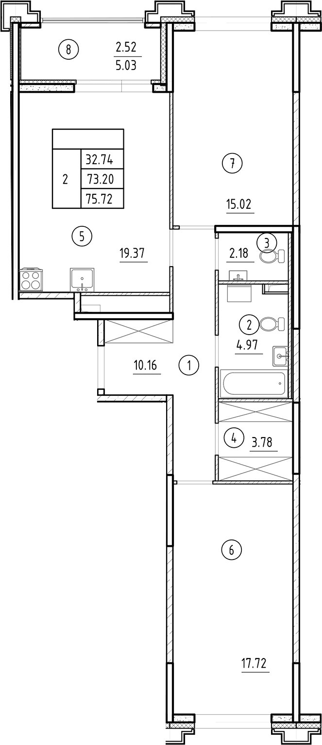 Планировка: Евротрёшка 73,2 м² в ЖК «Ассамблея»