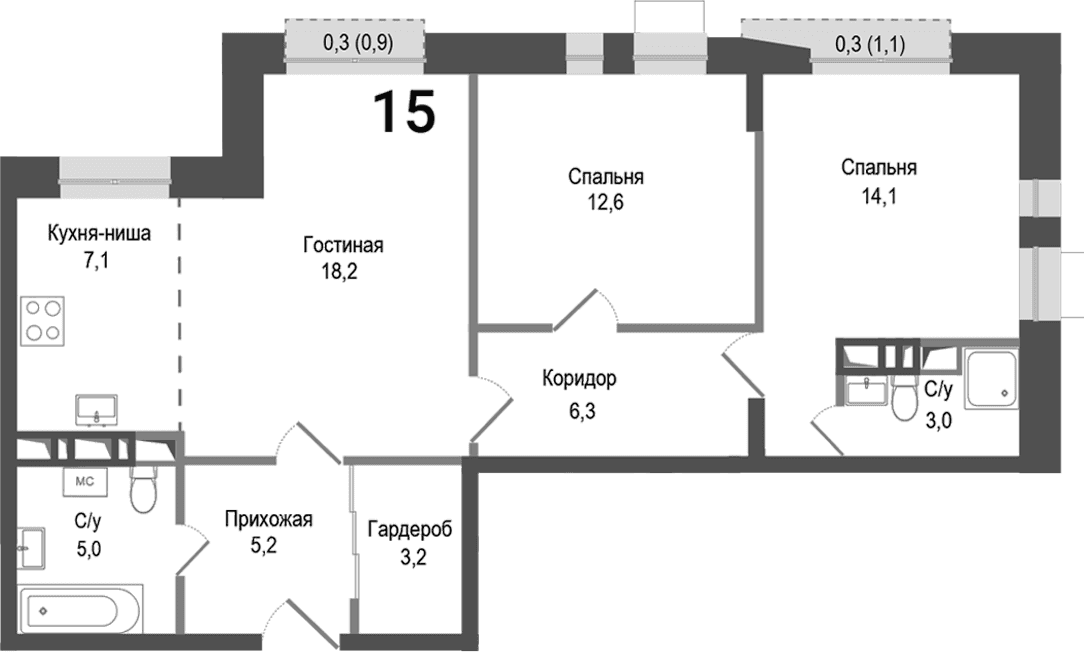Планировка: Евротрёшка 74,7 м² в ЖК «Киноквартал»