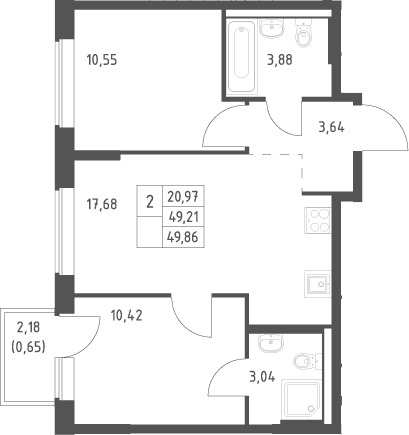 Планировка: Евротрёшка 49,2 м² в ЖК «Большое Юрлово»