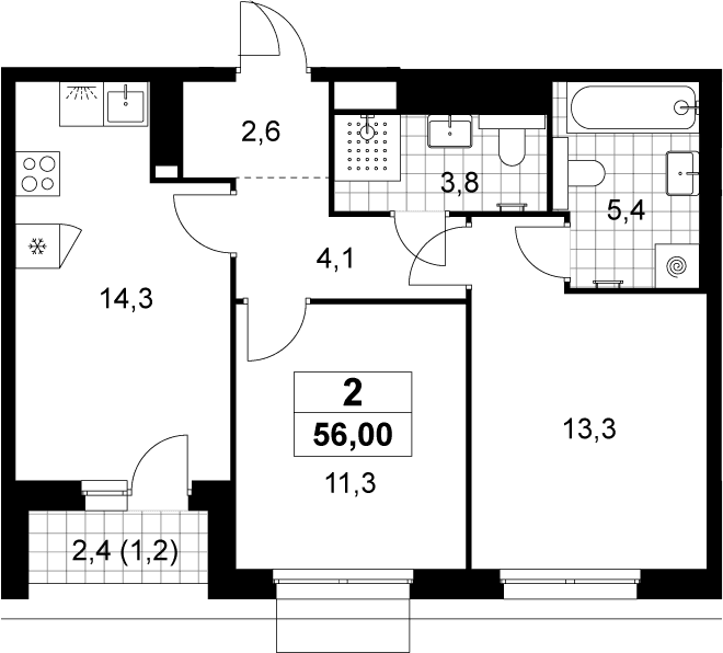Планировка: 2-комнатная квартира 54,8 м² в ЖК «Деснаречье»