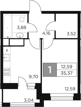 Планировка: 1-комнатная квартира 33,9 м² в ЖК «Восток 2»