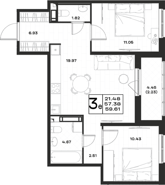 Планировка: Евротрёшка 57,4 м² в ЖК «Имена»