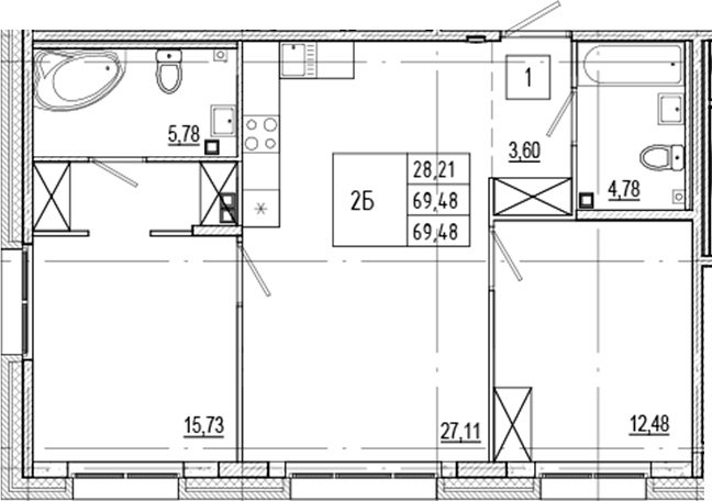 Планировка: Евротрёшка 69,5 м² в ЖК «Ranta Residence»