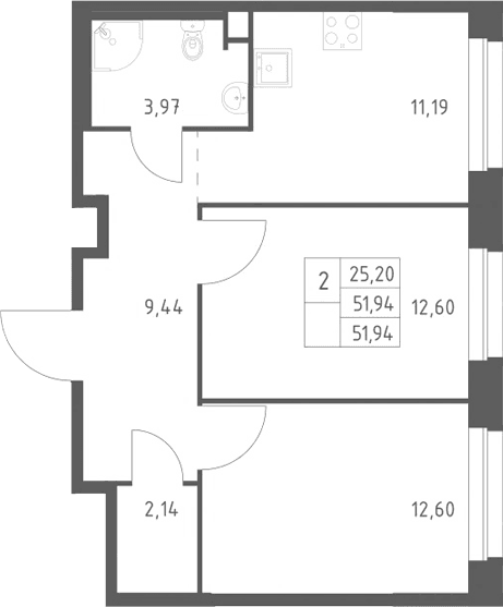 Планировка: 2-комнатная квартира 51,9 м² в ЖК «ЭкоБунино»