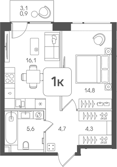 Планировка: 1-комнатная квартира 45,5 м² в ЖК «Мангазея на Речном»