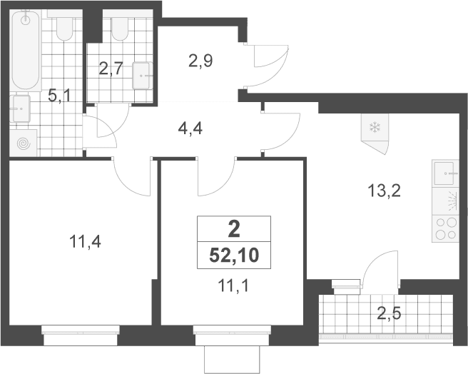 Планировка: 2-комнатная квартира 50,8 м² в ЖК «Деснаречье»