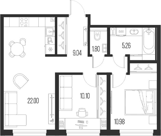 Планировка: Евротрёшка 59,2 м² в ЖК «Новая земля»