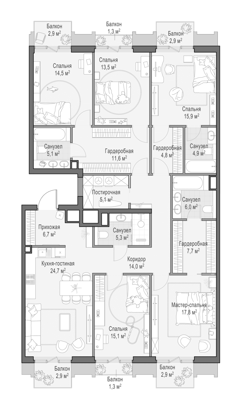 Планировка: 5-комнатная квартира 176 м² в ЖК «Квартал Тишинский бульвар»
