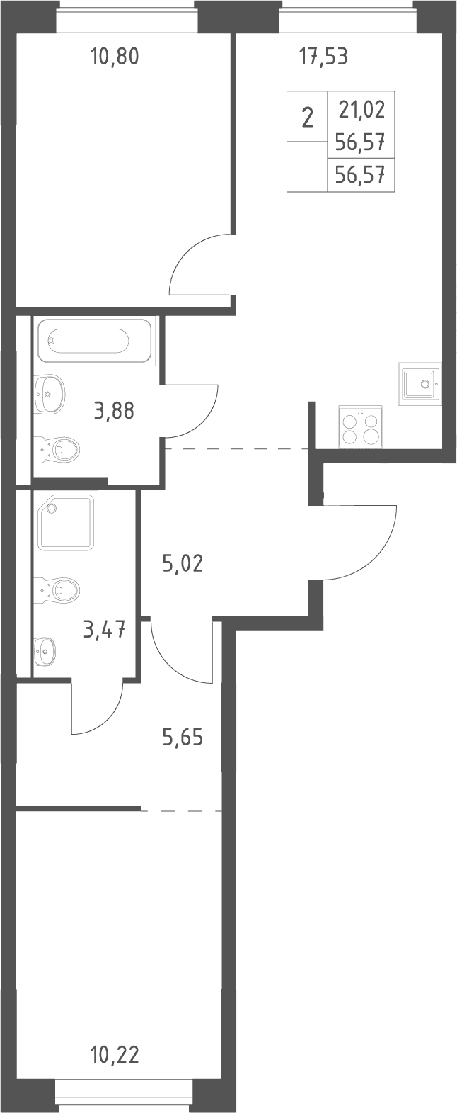 Планировка: Евротрёшка 56,6 м² в ЖК «Большое Юрлово»