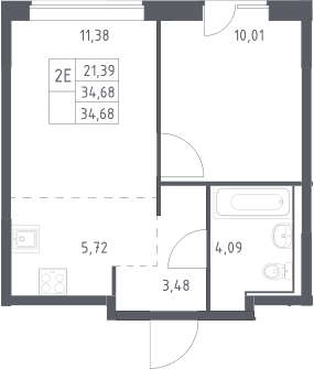 Планировка: Евродвушка 34,7 м² в ЖК «Прибрежный Парк»