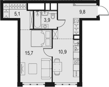 Планировка: 1-комнатная квартира 45,4 м² в ЖК «Левел Южнопортовая»