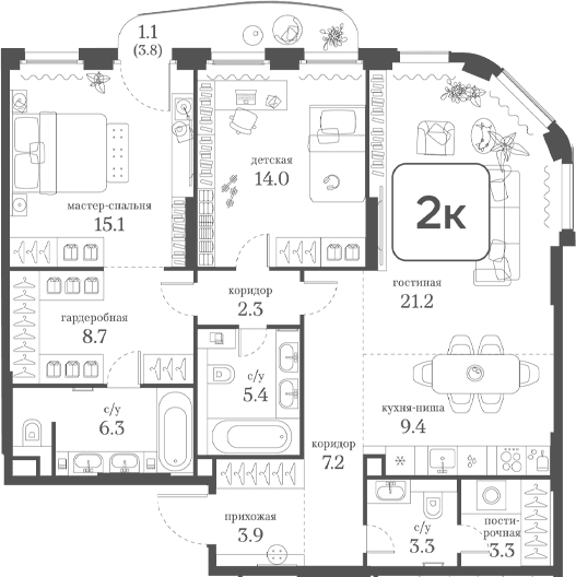 Планировка: 2-комнатная квартира 100,1 м² в ЖК «Муза»