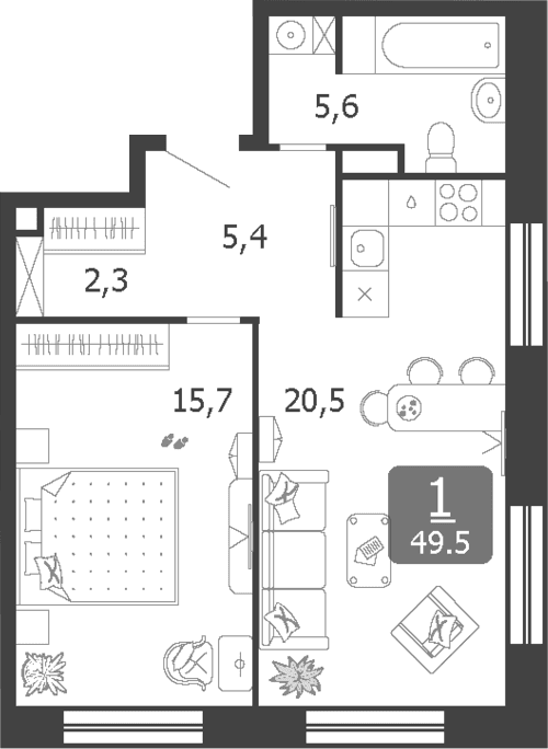 Планировка: Евродвушка 49,5 м² в ЖК «Шагал»