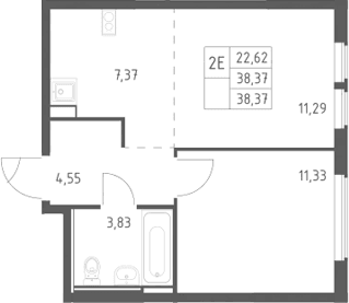 Планировка: Евродвушка 38,4 м² в ЖК «Остафьево»