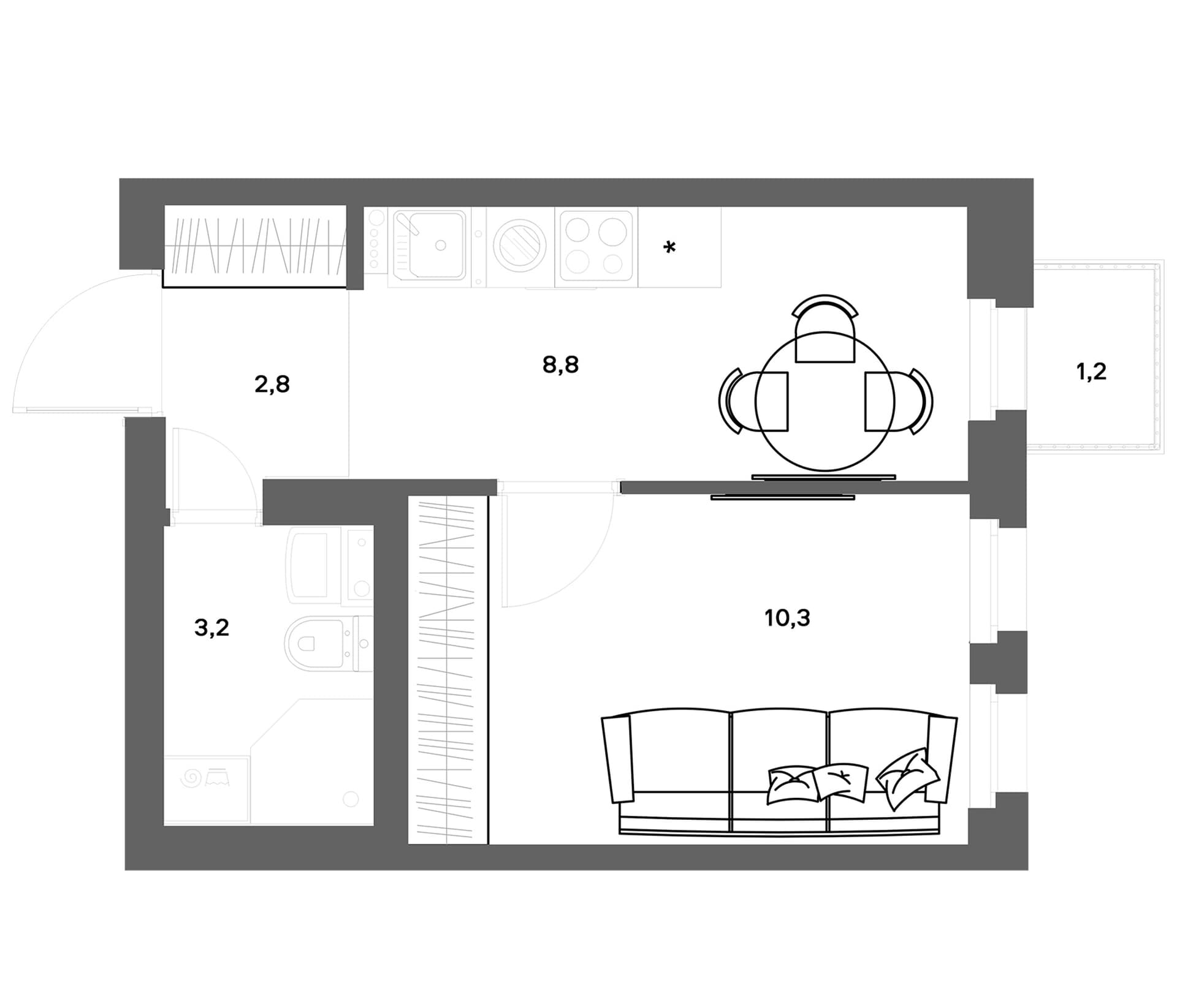Планировка: 1-комнатная квартира 25,1 м² в ЖК «ЭкоКвартал НЕГА»