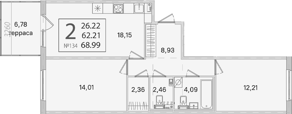Планировка: 2-комнатная квартира 62,2 м² в ЖК «Любоград в Стрельне»