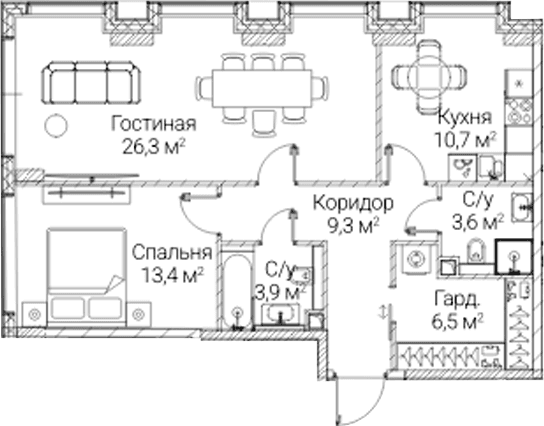 Планировка: 2-комнатная квартира 73,7 м² в ЖК «СЕЗАР БУДУЩЕЕ»