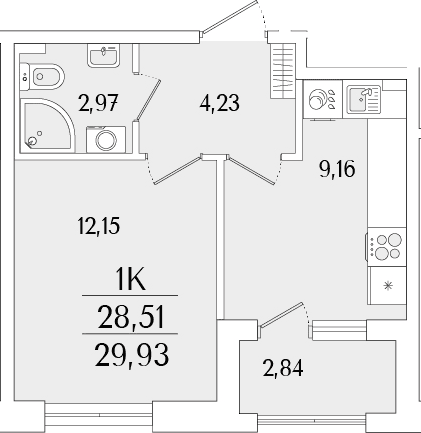 Планировка: 1-комнатная квартира 28,5 м² в ЖК «Гранат»