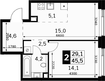 Планировка: Евродвушка 45,5 м² в ЖК «Амбер Сити»