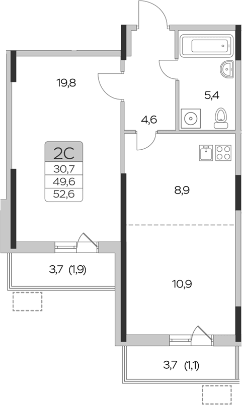 Планировка: 1-комнатная квартира 49,6 м² в ЖК «Пироговская ривьера»