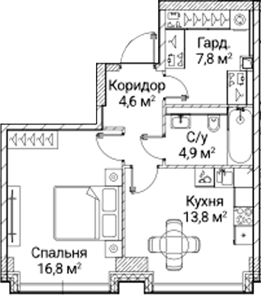 Планировка: 1-комнатная квартира 47,2 м² в ЖК «СЕЗАР БУДУЩЕЕ»